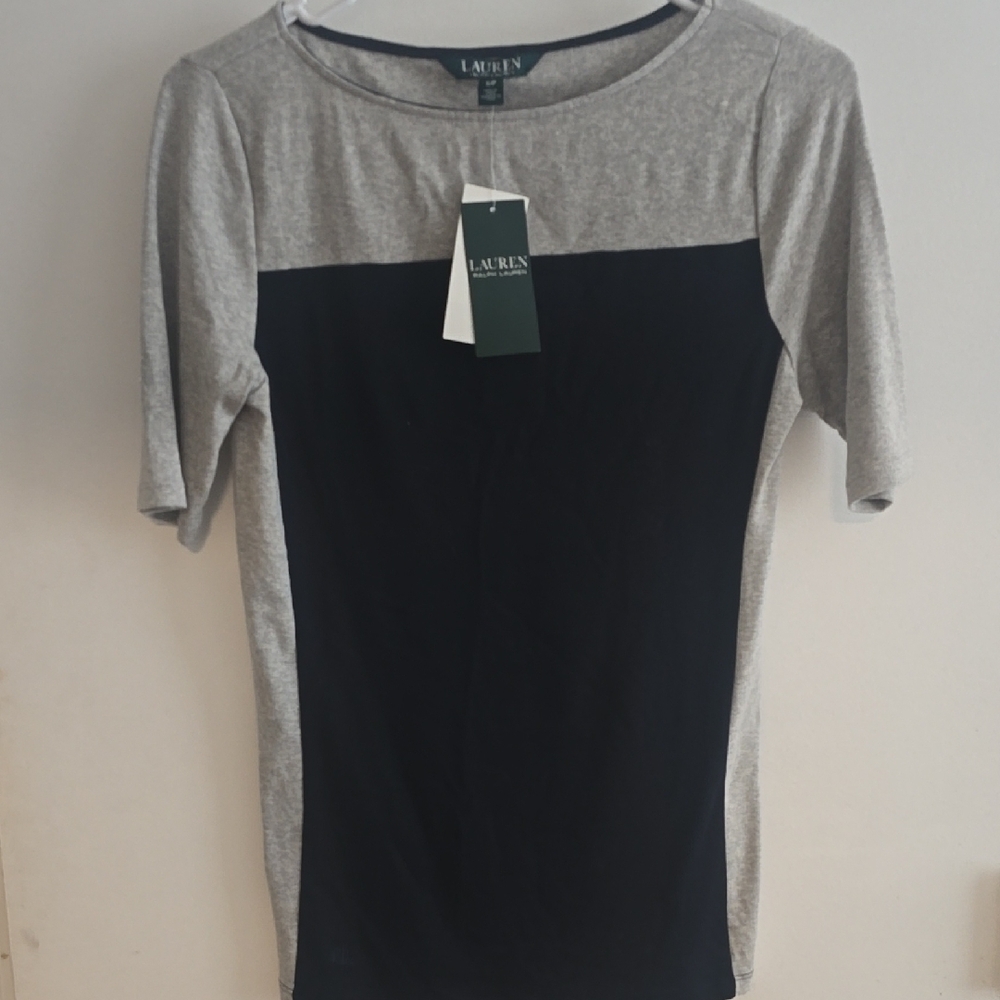 Lauren Ralph Lauren Gray Fitted T-Shirt with Half Sleeves and Crew Neckline